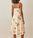 Floral Smocked Waist Tie Neck Spaghetti Strap Midi Dress