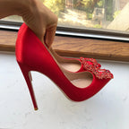 Red Silk Satin Pointy Toe High Heel with Square Rhinestones for Women