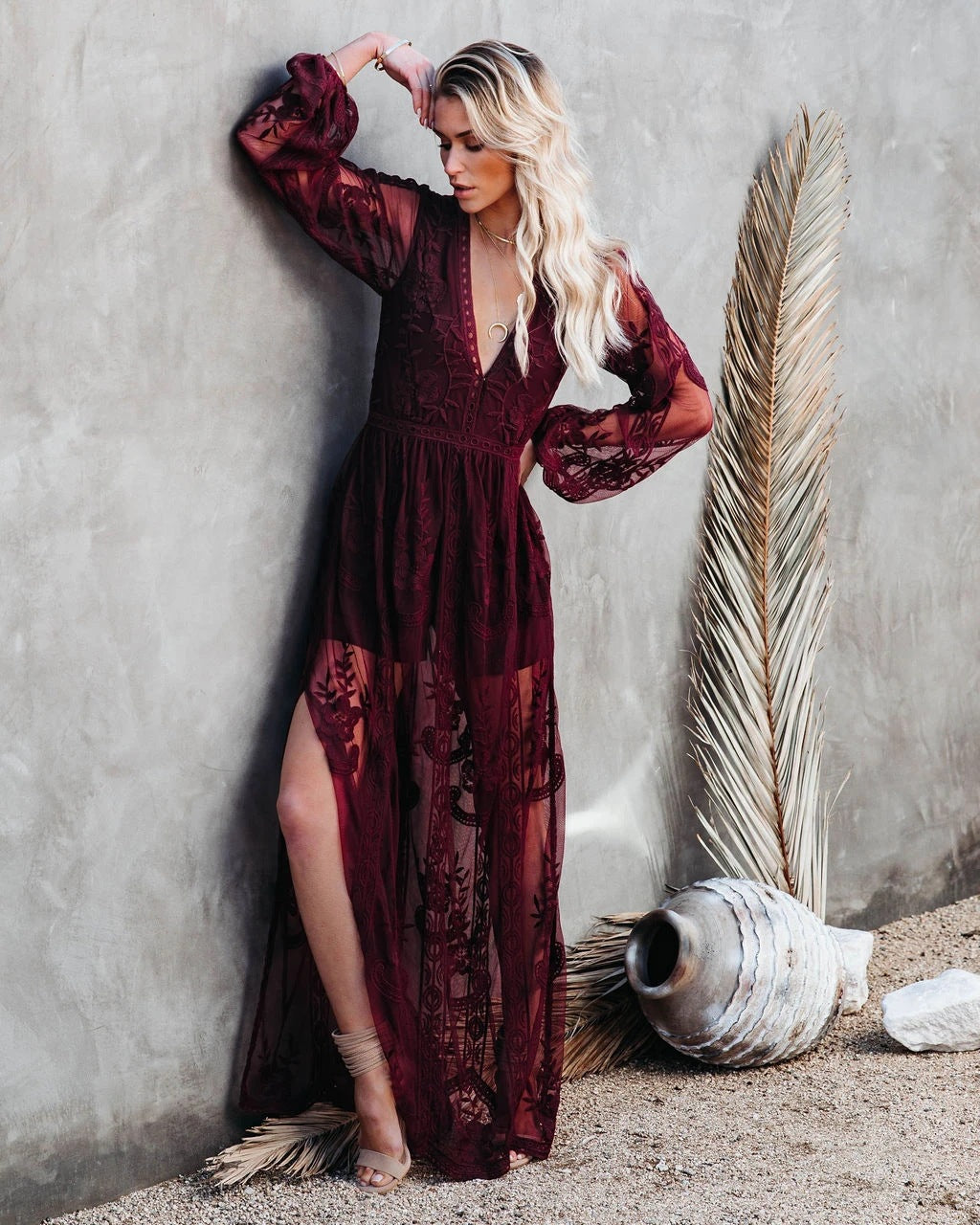 Embroidered Lace Deep V Neck Balloon Sleeve Thigh Slit Maxi Dress