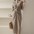 María Minimalist José Fashionable Linen Dress in Khaki Premium Wardrobe Essential