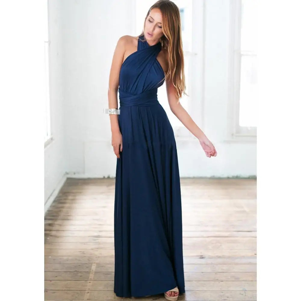 Convertible Wrap Strap Halter Waist Band High Slit Swing Maxi Dress