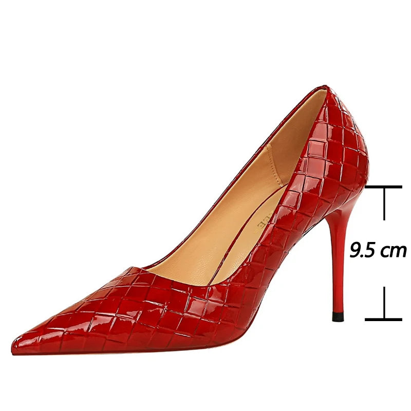 Woven Pattern Patent Leather Woman Pumps High Heels