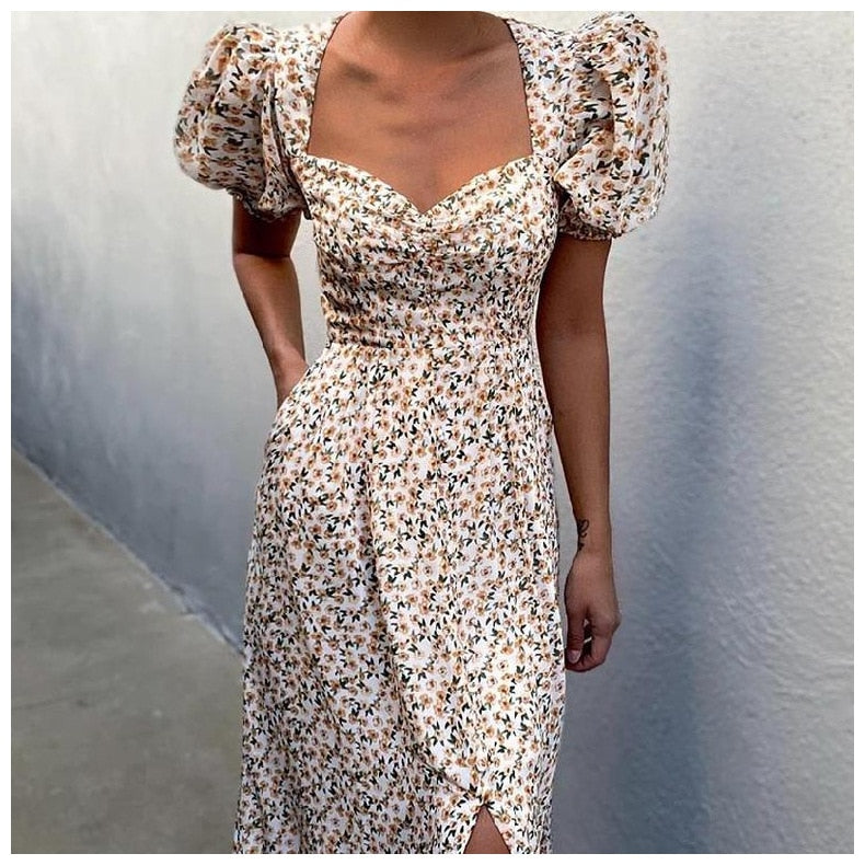 Daisy Floral Puff Sleeve Smocked Square Neck Side Slit Midi Dress