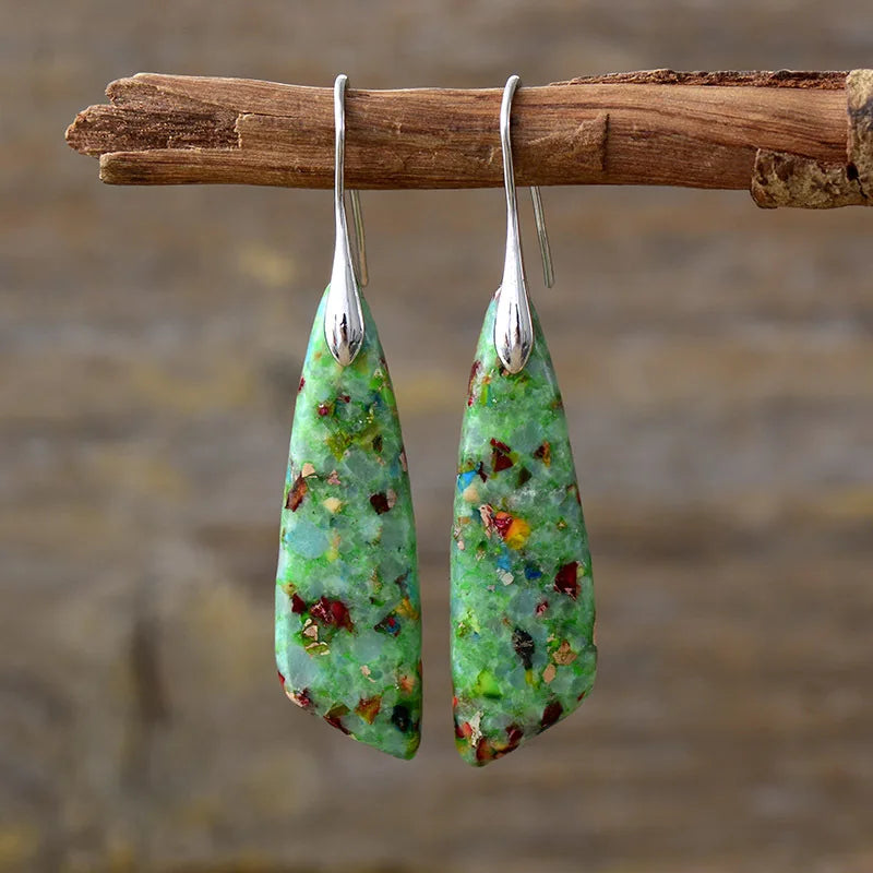Silver Plated Geometric Gemstone Jasper Earrings