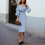Polka Dot Wrap Front V-Neck Lantern Sleeve Bodycon Midi Dress