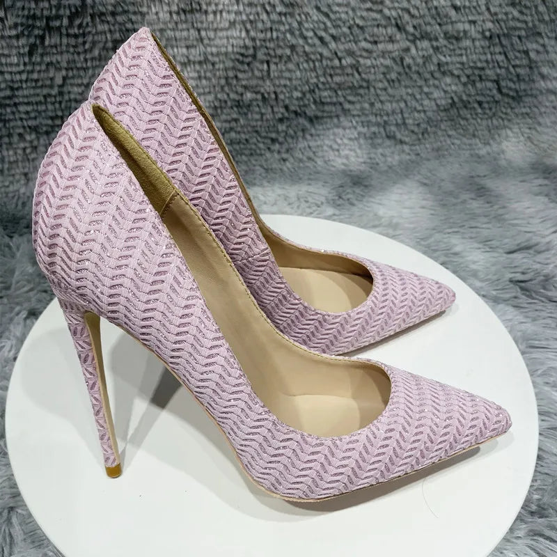 Embossed Pink Fabric Pointy Toe High Heel Party Wedding Shoes for Women