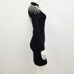 Crystal Fringe Open Back Mock Neck Long Sleeve Bodycon Dress
