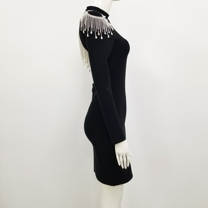Crystal Fringe Open Back Mock Neck Long Sleeve Bodycon Dress