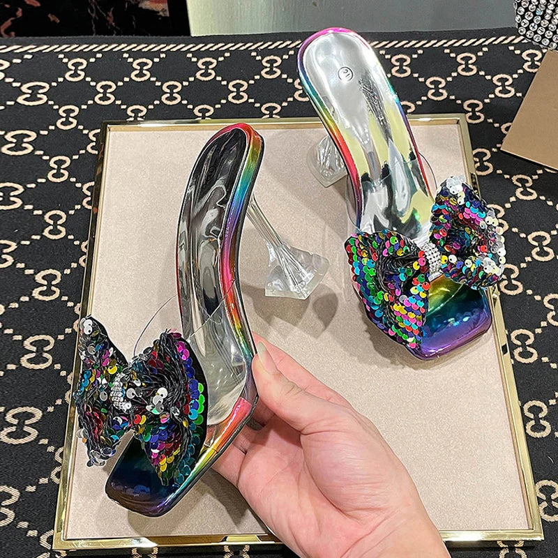 Clear PVC Crystal Heeled Women Slippers