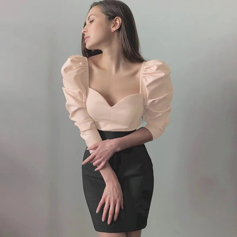 Korean Autumn Puff Sleeve Slim Blouse