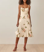 Floral Smocked Waist Tie Neck Spaghetti Strap Midi Dress