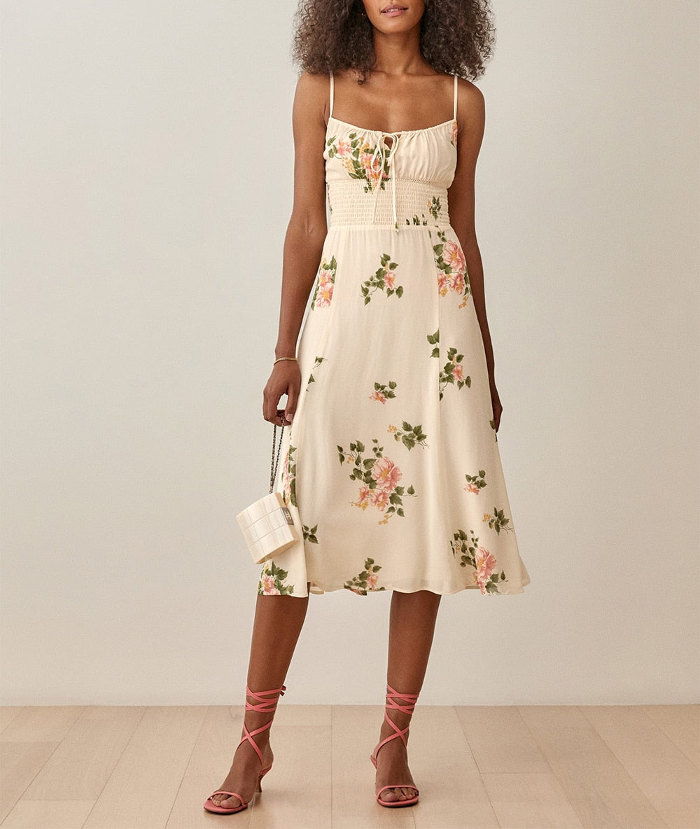 Floral Smocked Waist Tie Neck Spaghetti Strap Midi Dress