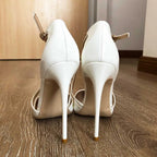 White Glossy Patent Cross Strap Stiletto Pumps for Women