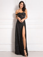 Sequin Strapless Sweetheart Corset Bodice High Split Maxi Gown