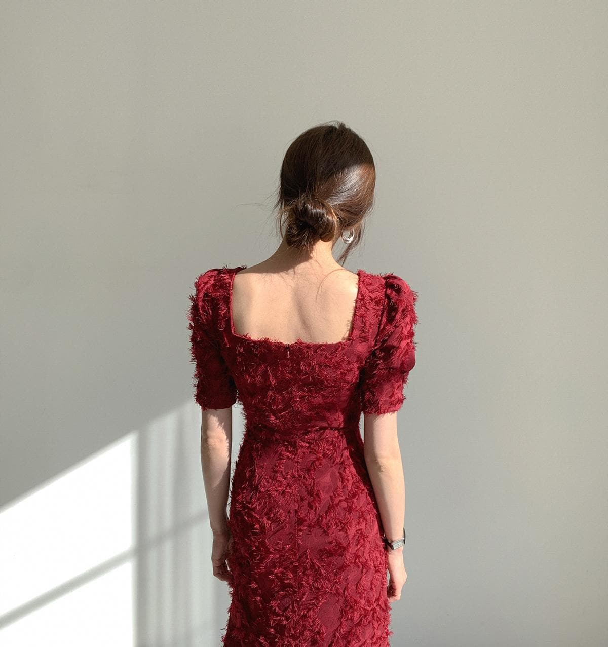 Eyelash Texture Square Neck Puff Sleeve Bodycon Midi Dress