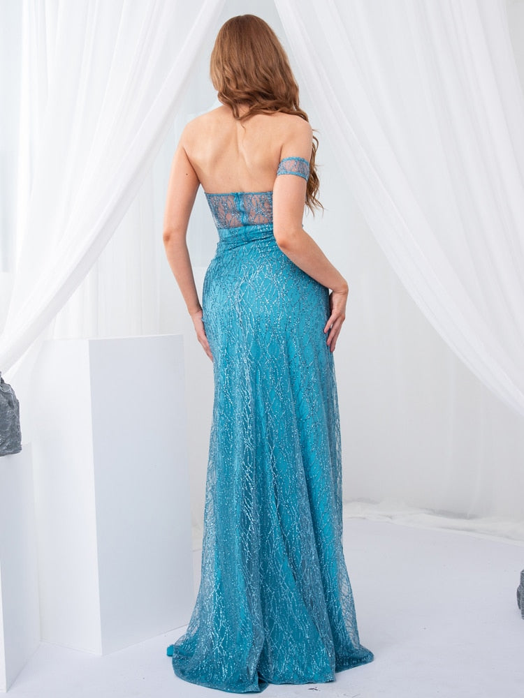 Sequin Strapless Sweetheart Corset Bodice High Split Maxi Gown