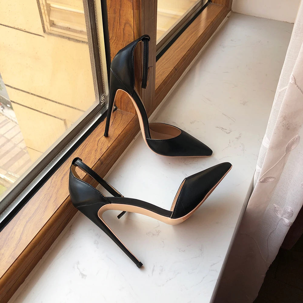 Black Matte Ankle Strap Pointy Toe High Heel Shoes for Women