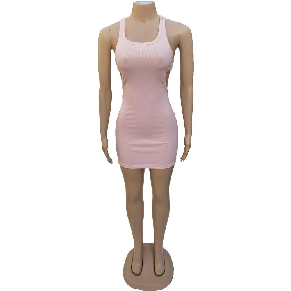 Ribbed Knit Scoop Neck Side Cutout Bodycon Mini Dress