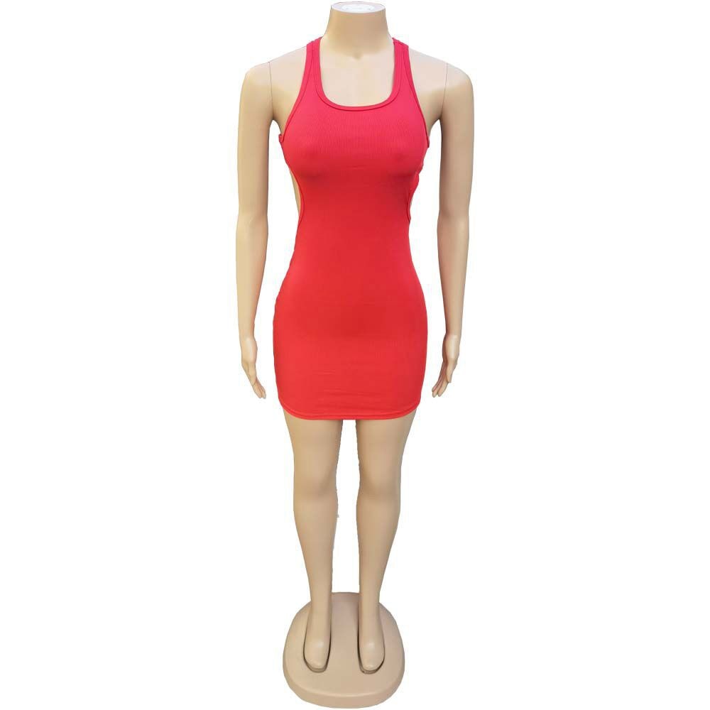 Ribbed Knit Scoop Neck Side Cutout Bodycon Mini Dress