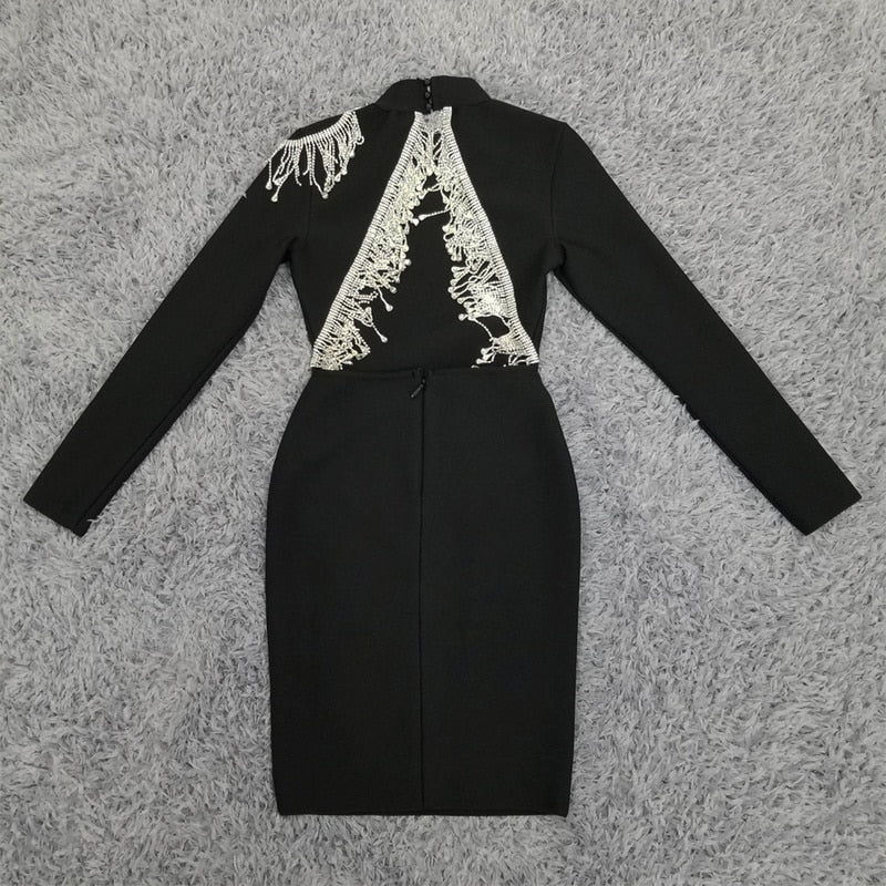 Crystal Fringe Open Back Mock Neck Long Sleeve Bodycon Dress