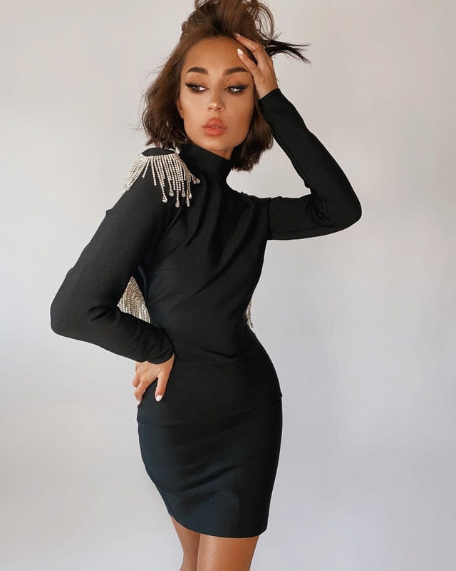 Crystal Fringe Open Back Mock Neck Long Sleeve Bodycon Dress