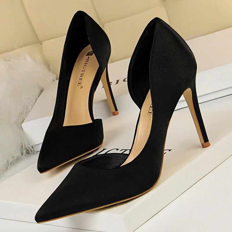 Silk High Heels Women Shoes Stiletto Heels Black Blue Silver Sexy Woman Pumps