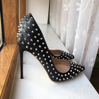 Black Matte Sexy Stiletto High Heels with Silver Spikes for Women