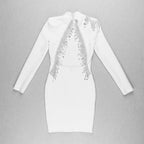 Crystal Fringe Open Back Mock Neck Long Sleeve Bodycon Dress