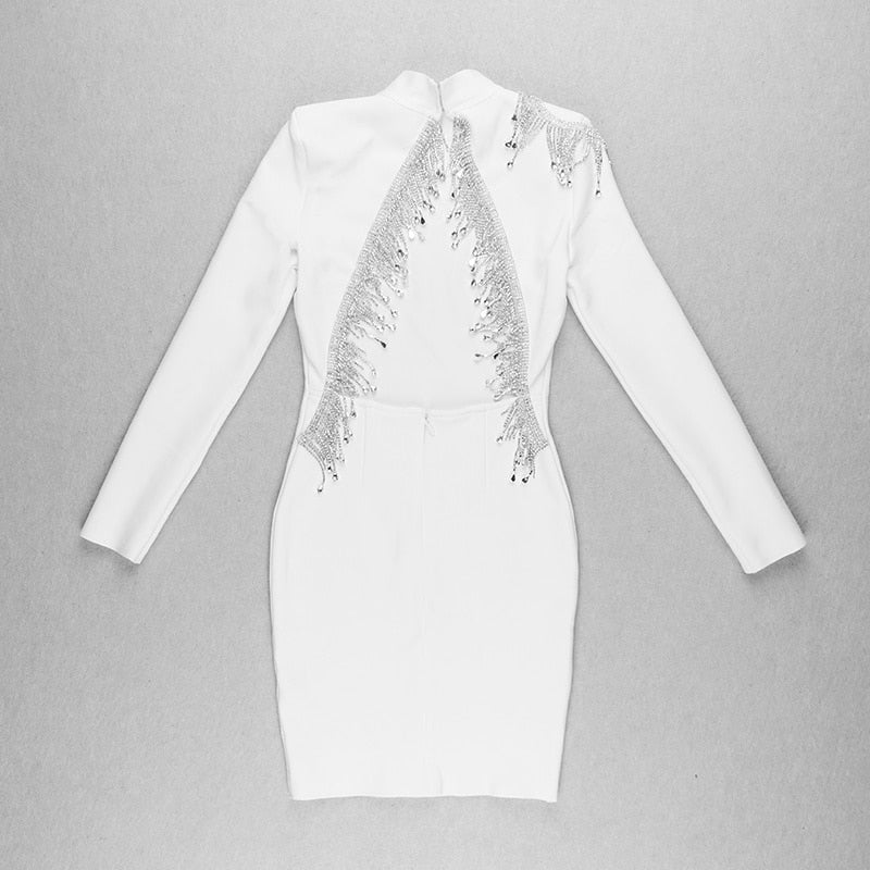 Crystal Fringe Open Back Mock Neck Long Sleeve Bodycon Dress