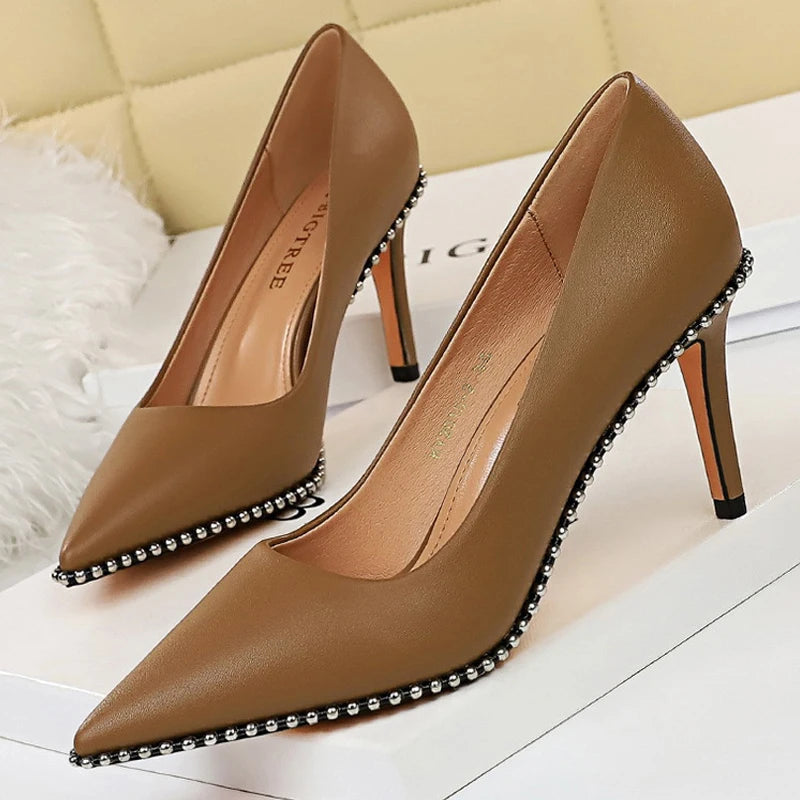 Rivets String Bead Women Pumps High Heels Office Shoes
