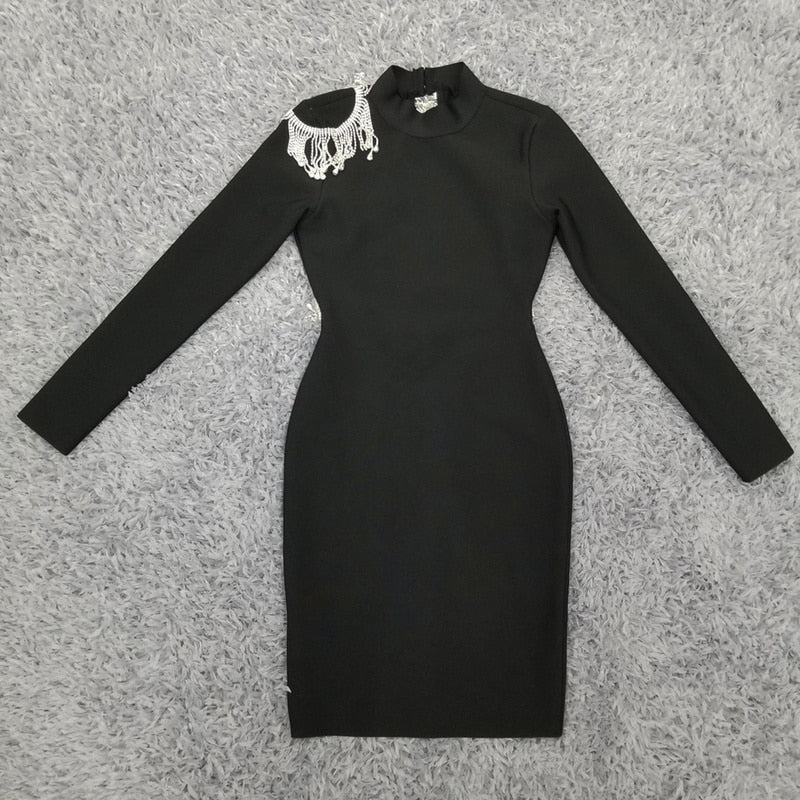 Crystal Fringe Open Back Mock Neck Long Sleeve Bodycon Dress