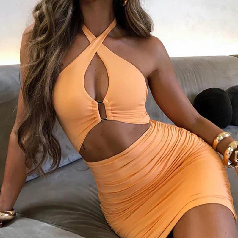 Halter Keyhole Ring Detail Waist Cut Out Ruched Bodycon Mini Dress
