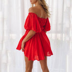 Off-Shoulder Tie Front Button Puff Sleeve Ruffle Hem Mini Dress