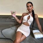 Cross Halter Keyhole Cutout Ruched Bodycon Mini Dress