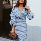 Polka Dot Wrap Front V-Neck Lantern Sleeve Bodycon Midi Dress