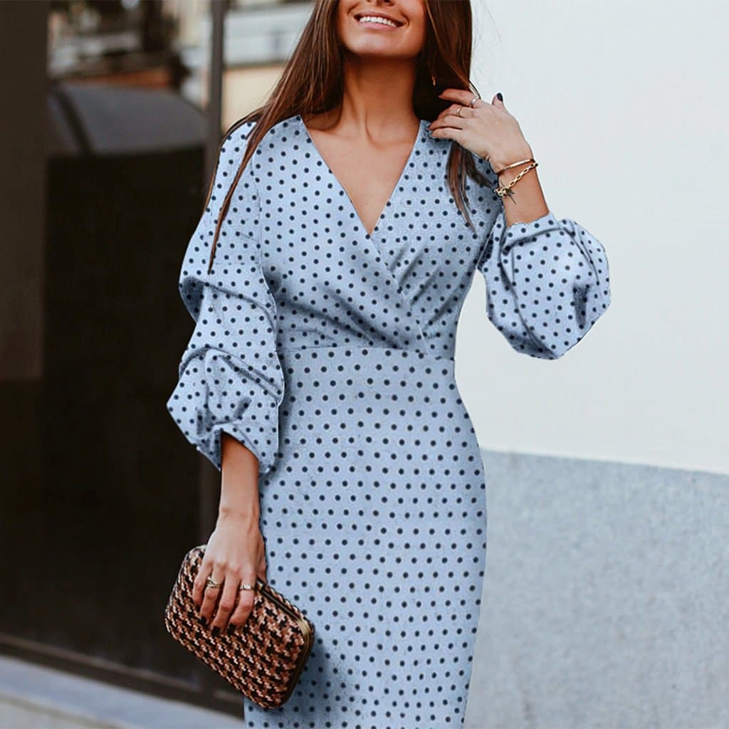 Polka Dot Wrap Front V-Neck Lantern Sleeve Bodycon Midi Dress