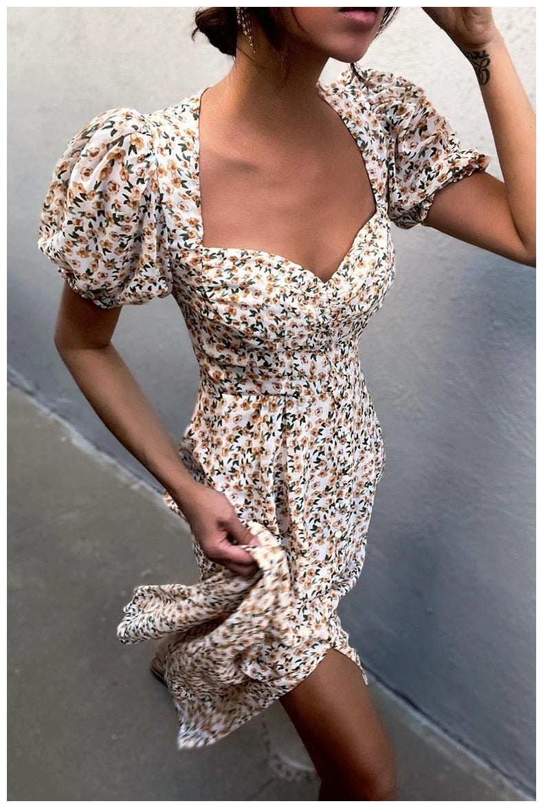 Daisy Floral Puff Sleeve Smocked Square Neck Side Slit Midi Dress