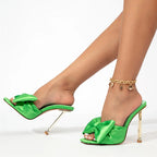 Metal High Heels Slippers with Silk Butterfly-Knot Design for Fashion Party