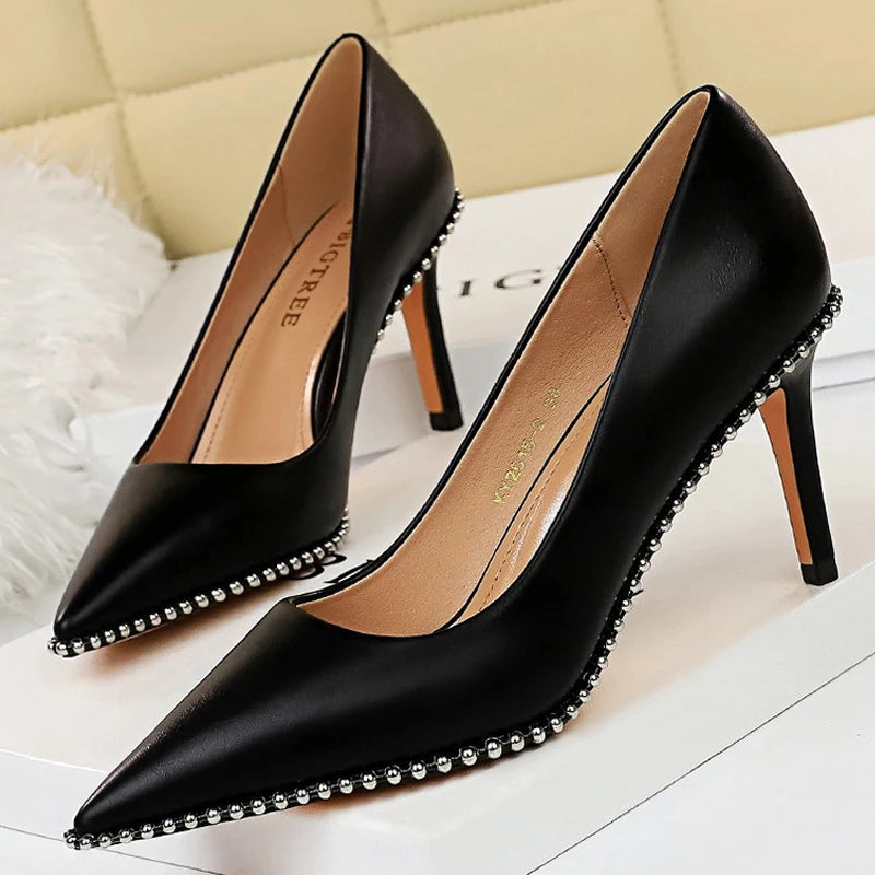 Rivets String Bead Women Pumps High Heels Office Shoes