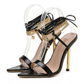 Gold White Pointed Toe Female Party Shoes Sandalias with New Chain Ankle Strap
