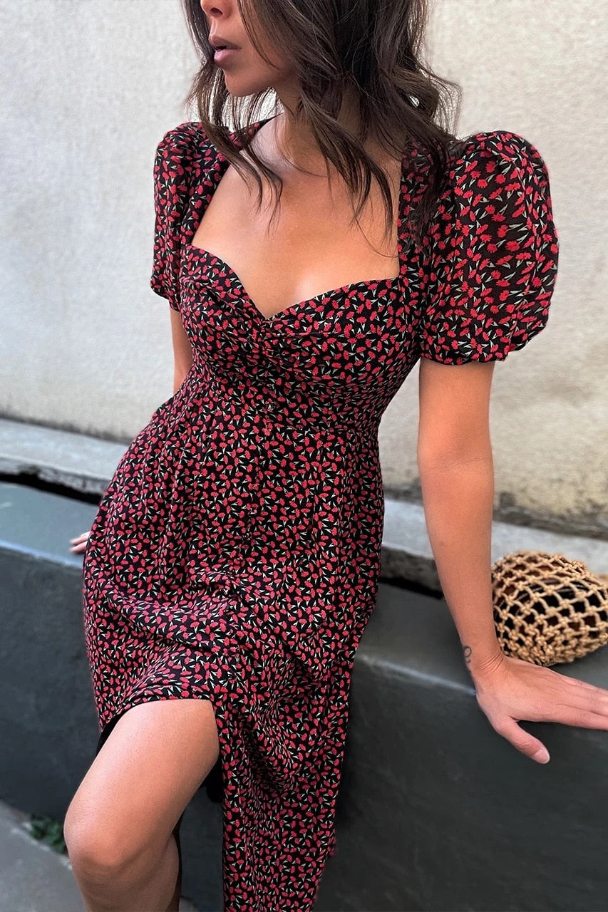 Daisy Floral Puff Sleeve Smocked Square Neck Side Slit Midi Dress