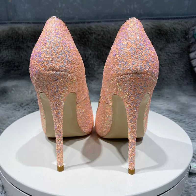 Pink Glitter Sequins Women Sexy Pumps for Wedding Party Slip On Pointed Toe Shoes