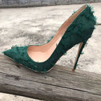 Green Tassel Distressed Fabric Stiletto High Heels Chic Sexy Pumps