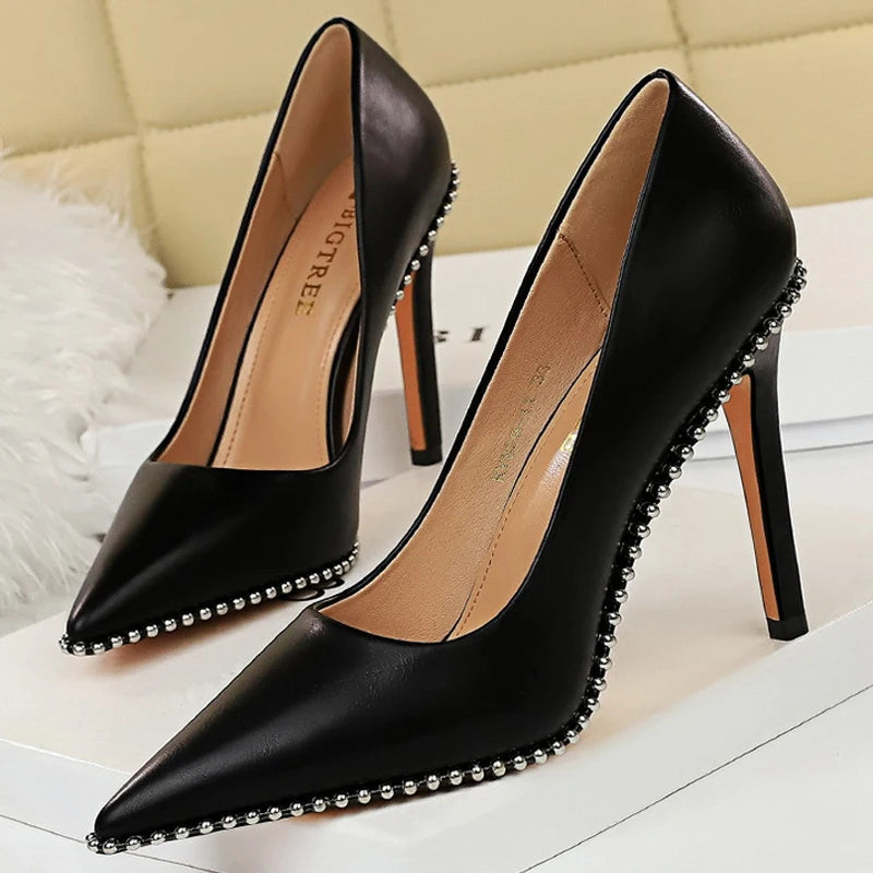 Rivets String Bead Women Pumps High Heels Office Shoes