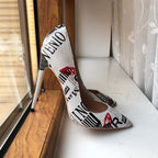 White Pointy Toe High Heel Dress Shoes with Graphic Print for Women