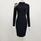 Crystal Fringe Open Back Mock Neck Long Sleeve Bodycon Dress