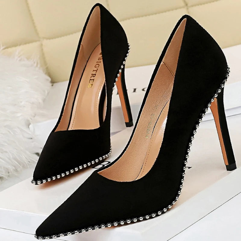 Metal Beads Black Suede High Heel Stiletto Wedding Shoes Women Pumps
