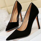 Metal Beads Black Suede High Heel Stiletto Wedding Shoes Women Pumps