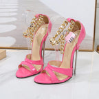 16cm High Metal Heel Open Toe Stiletto Sandals with Ankle Chains Lock for Women Crossdresser Pumps