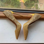 Gold Sequined Pointy Toe High Heel Wedding Bridal Shoes